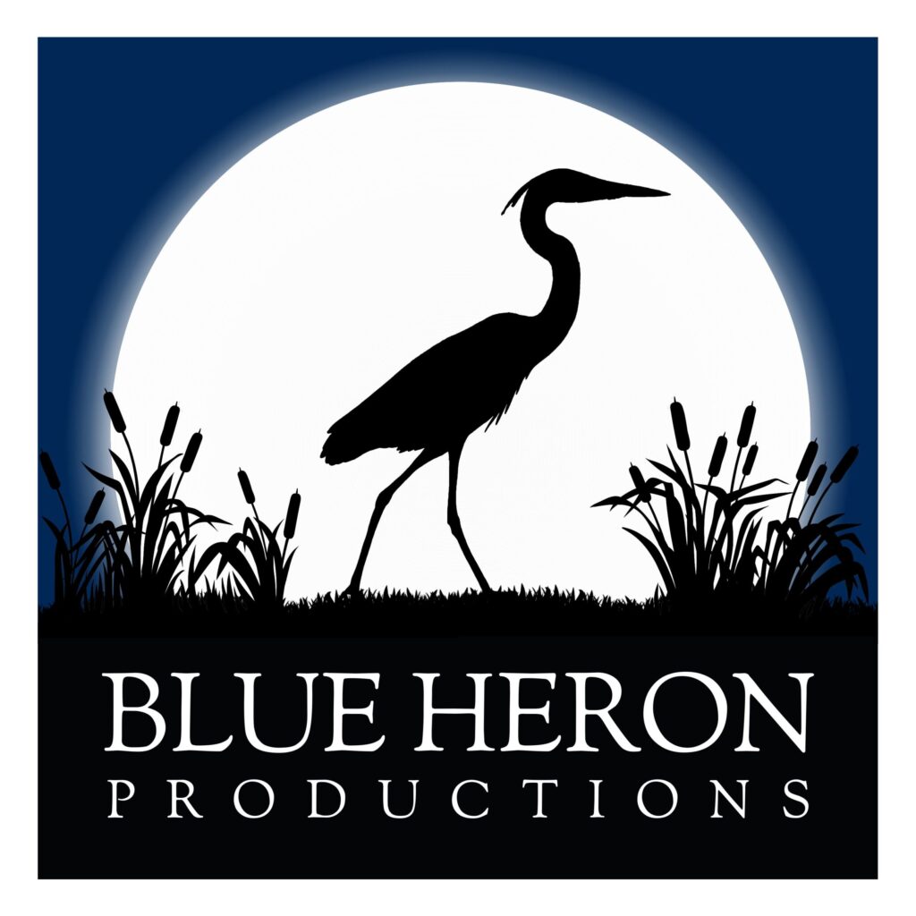 Logo with the silhouette of a blue heron in cattails and the moon rising behind